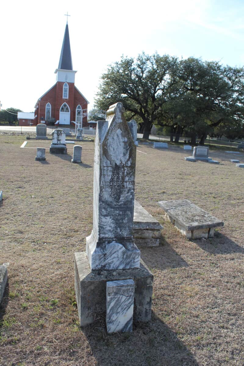 The marker at Anders Bretta's grave, Our Saviour's Lutheran Church, Bosque County. Cleng Peerson's memorial is also in this Norwegian cemetery.