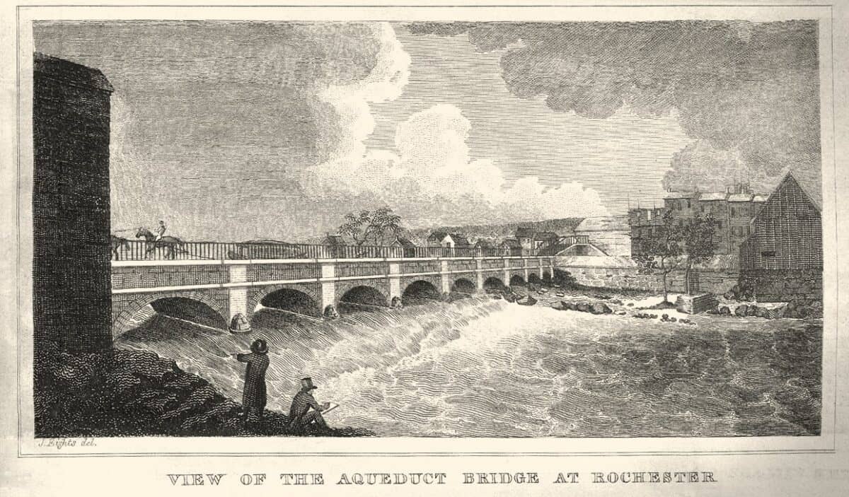 The aqueduct bridge at Rochester made it possible for canal boats on the Erie Canal to cross the Genesee River.