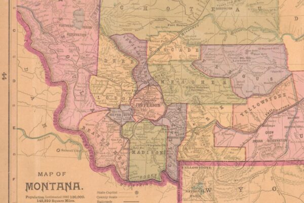 Map of southwestern counties in Montana, which shows county borders and rivers and towns in 1890. It is a cropped version of a larger map, that shows some sites mentioned in this article.