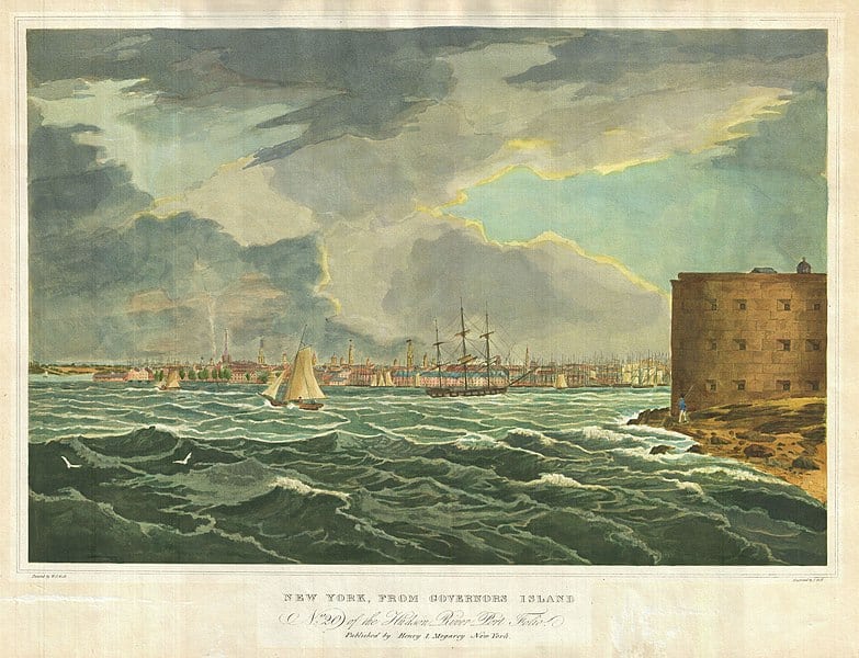 This is plate no. 20 from William G. Wall, and Henry L. Megarey’s important 1825 Hudson River Port Folio. The Hudson River Port Folio is considered to be the first and finest set of views of the Hudson River ever published. The portfolio was based upon a series of watercolors by the Dublin-born artist William Guy Wall. The New York publisher Henry Megarey hired John Hill to create a series of aquatints based upon Wall’s work. The result, published between 1821 and 1825, was a cost effective and popular series of views that led to widespread appreciation for the American indigenous landscape.