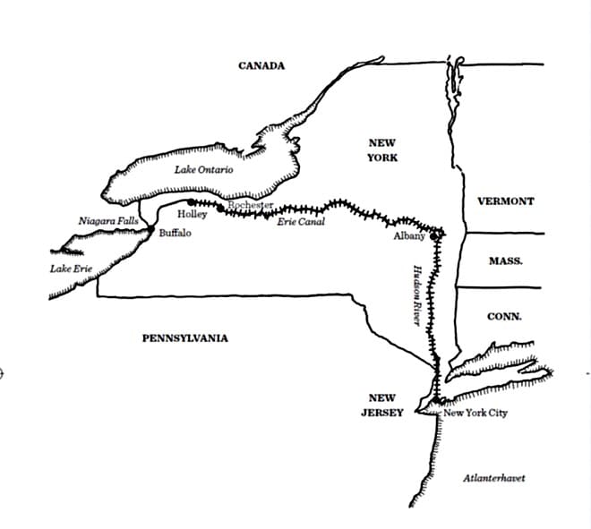 Hand drawn map of the Erie Canal from New York to Holley, where the first Norwegian immigrants had bought their land.