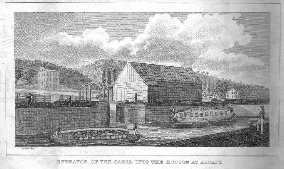 The entrance to the Erie Canal in Albany as seen in 1823