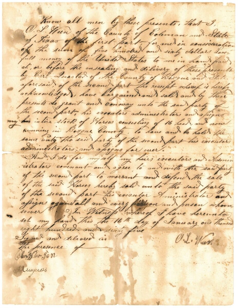 A contract for a sale in Texas of 16 horses from 1865, where Cleng Peerson is among the witnesses. An example of an authentic witness of what factually happened, with whom, and where. 