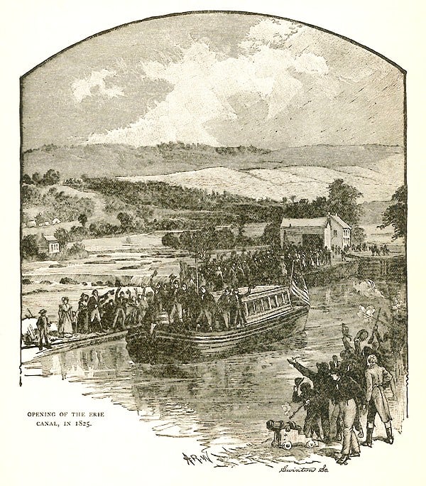 Opening of the Erie Canal, in 1825. A barge filled with people waving at onlookers on the shore.