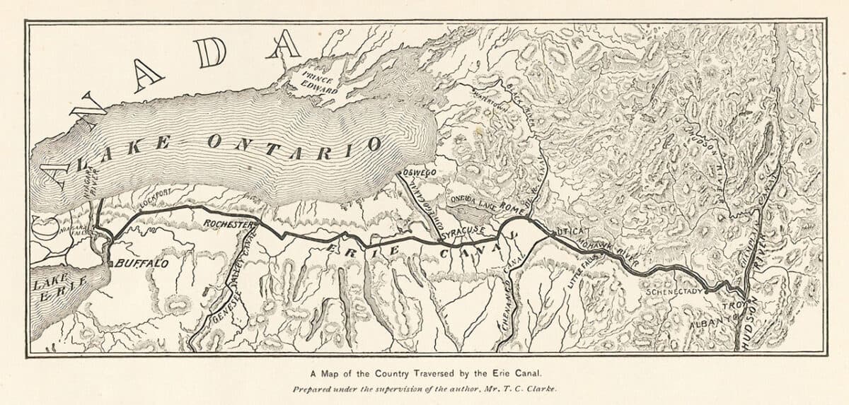 A map of the country between Buffalo and Troy on the Hudson River, showing the main harbors along the way. The map was compiled in 1896 and printed in the"Water-ways from the Ocean to the Lakes" by Thomas Curtis Clarkeand printed in scribner's Magazine.