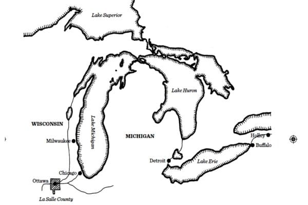 Map showing the route Cleng Peerson took when looking for better land for the Norwegian immigrants to Western New York.