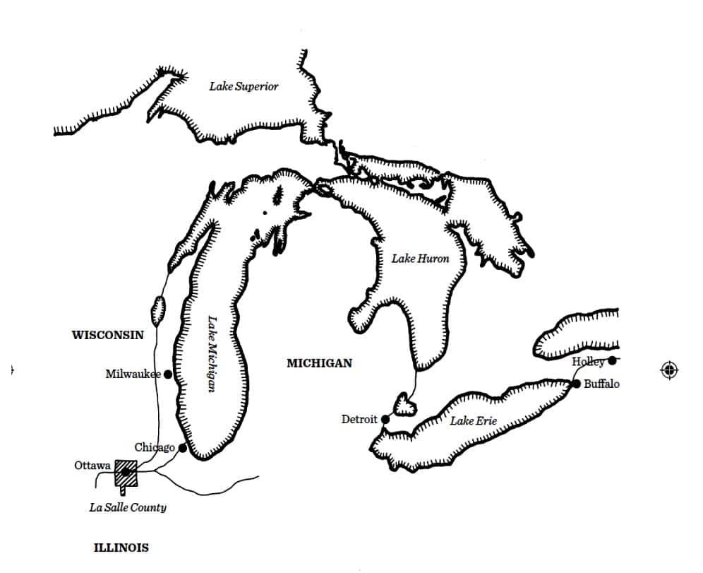 Map showing the route Cleng Peerson took when looking for better land for the Norwegian immigrants to Western New York.